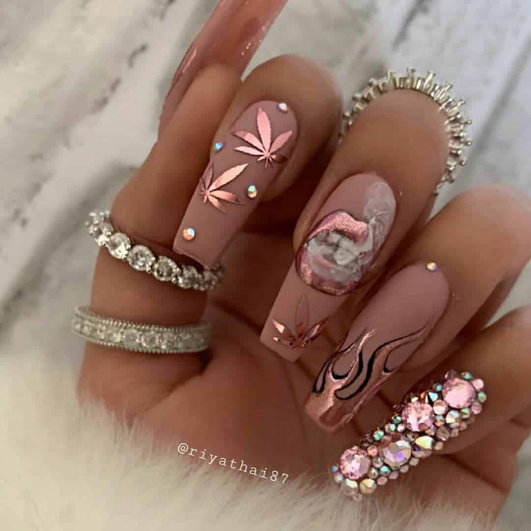 Nude Coffin Nails With Floral Prints 